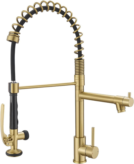 Brushed Gold Kitchen Faucet with Pull Down Sprayer, Commercial Brass Kitchen Faucet Single Handle Spring Faucets for Kitchen Sink Fapully