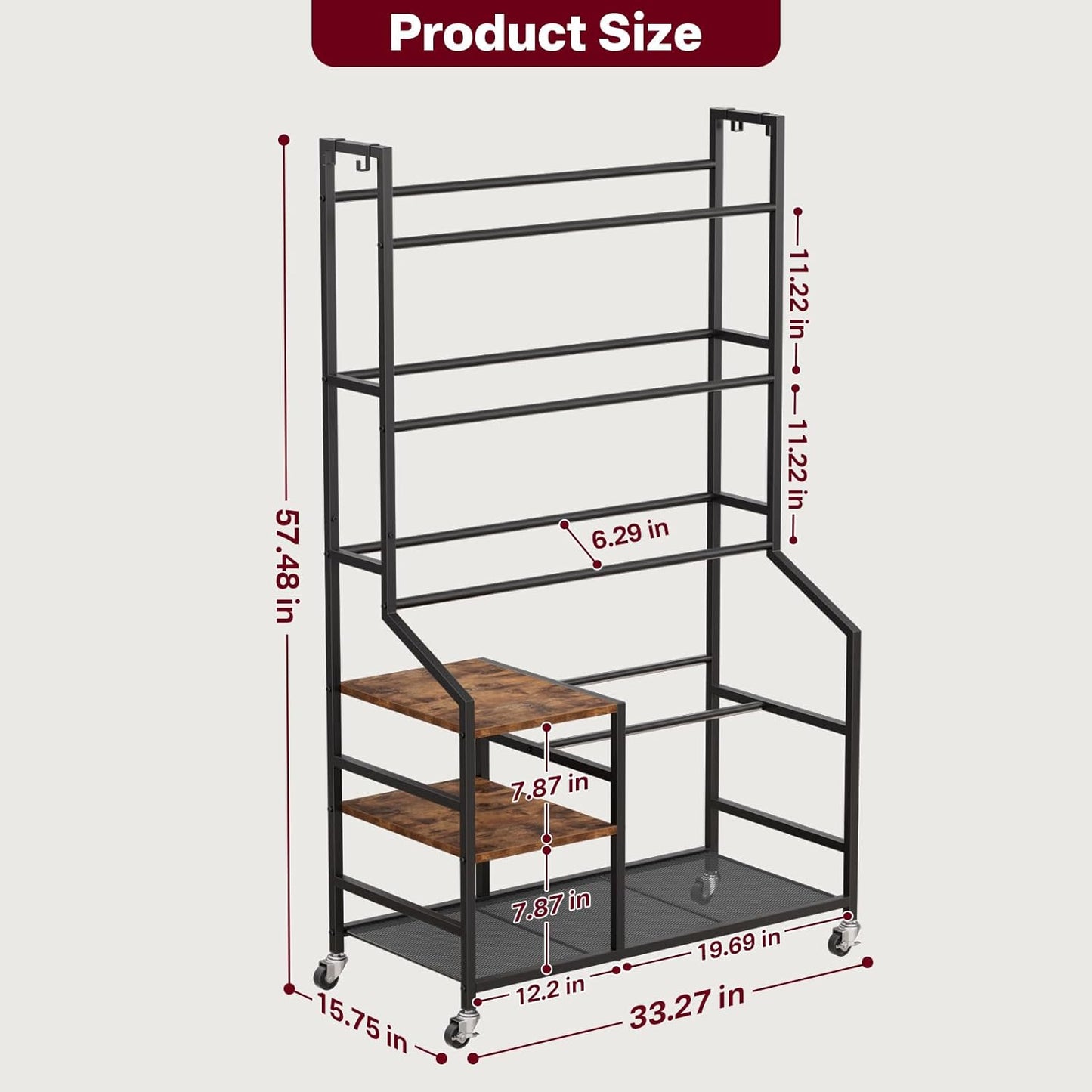 Portin 5 Tier Disc Golf Storage Rack, Disc Station Organizer with Hooks and wheels, Disc Golf Shelf for Storing Sports Equipment Accessories, Disc Golf Bag Basket Organizers for Home Garage Basement