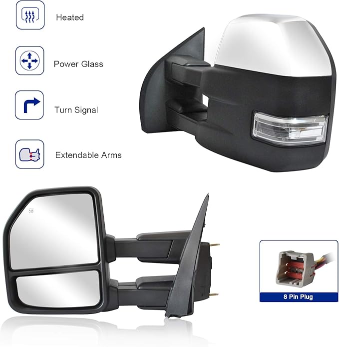 WLLW Towing Mirrors fit for Ford F150 Pickup Truck 2015 2016 2017 2018 2019, Chrome Cap Power Heated with Turn Signal - 8 Pin Plug