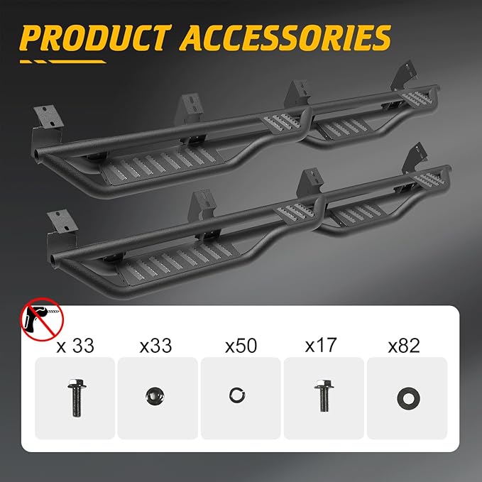 Running Boards Side Steps Compatible with Toyota Tundra 2007-2021 CrewMax Cab, Two Stairs Drop Design Style Side Step Rails, Bed Access Carbon Steel Powder-Coated Black Nerf Bars
