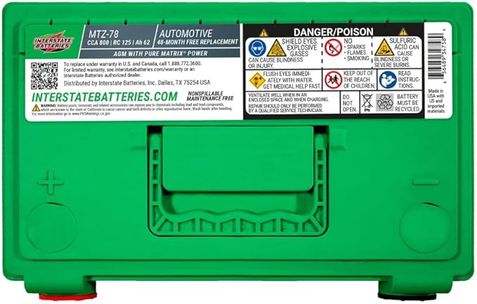 Interstate Batteries Automotive Battery 12V 62Ah 800CCA (MTZ-78) Automobile SLI AGM Starting Replacement Battery (Group Size 78) Cars, SUVs, Sedans, Trucks