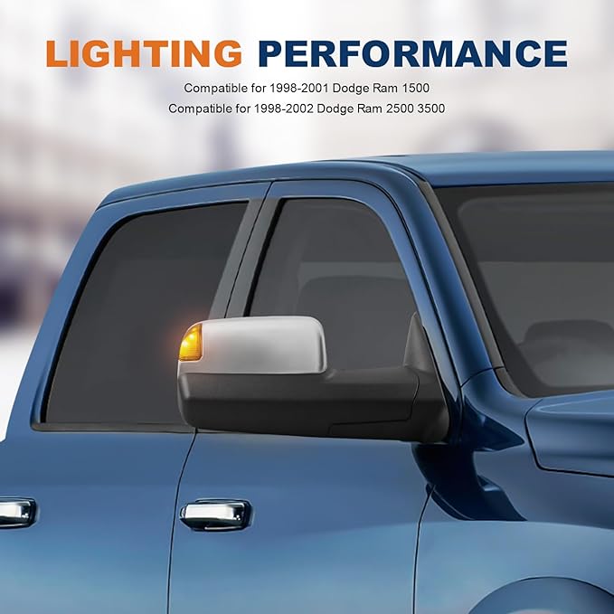 Pair Chrome Power Heated Towing Mirrors Compatible for 1998-2001 Dodge Ram 1500/1998-2002 Dodge Ram 2500 3500 w/White DRL, Led Turn Light