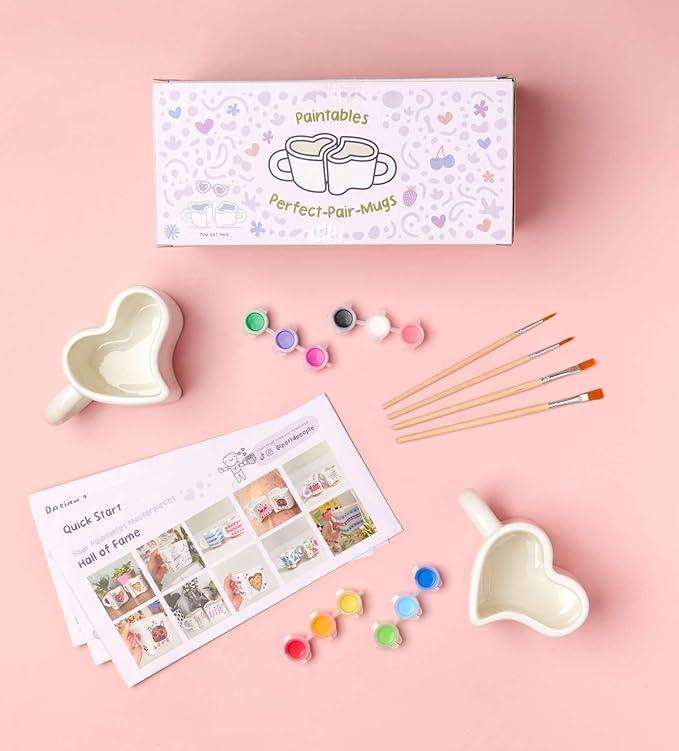 Pott’d Perfect-Pair-Mugs, Heart-Shaped Mug Painting Kit for Couples. Includes Ceramic Paints, Brushes & Inspiration Guide for Date Nights or Valentine’s Day Gifts