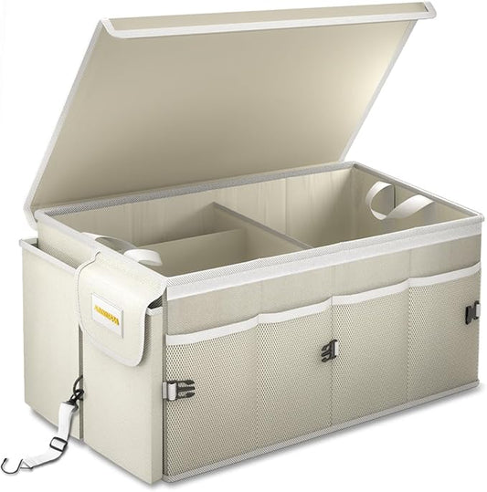 MIKKUPPA Car Trunk Organizer - 65L Collapsible Trunk Organizer with Lid, Sturdy Car Storage for SUV Auto Truck Van with Adjustable Straps and Non Slip Bottom (White)