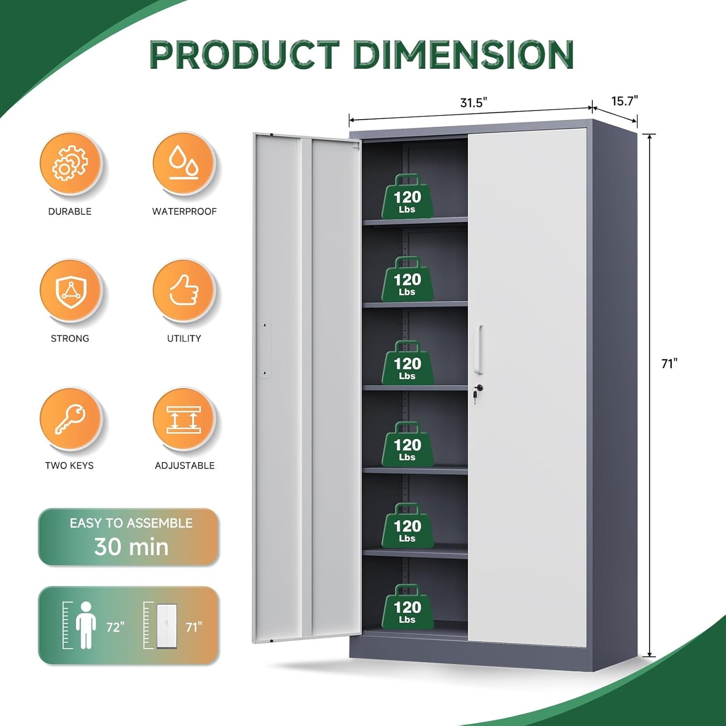 Letaya Metal Storage Cabinet with Lock Door, 71" Adjustable Shelf Steel Lockers for Office, Home,School,Garage Utility Tool Cabinet (2 Door-White&Gray)