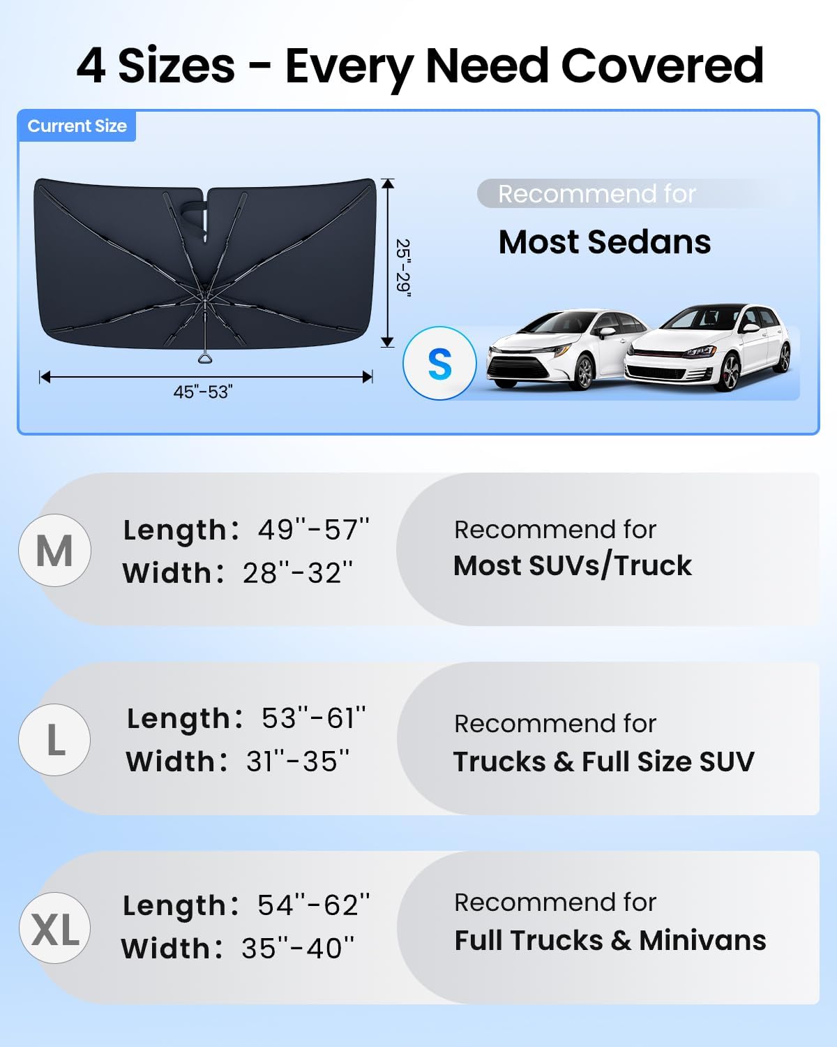 REEVAA 2025 Upgraded Car Windshield Sun Shade Umbrella [100% Sun Protection & Keep Cool] Protect Interior, 360° Flex Handle Sun Shield Sunshade, Small (53''x29'') for Sedans