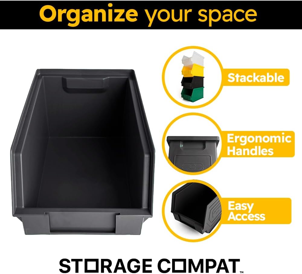 Plastic Storage Bins, Hanging, Stackable, Storage Organizer Bin for Warehouses, Workshops 9-Inch x 5-Inch x 5-Inch, Black, 12-Pack