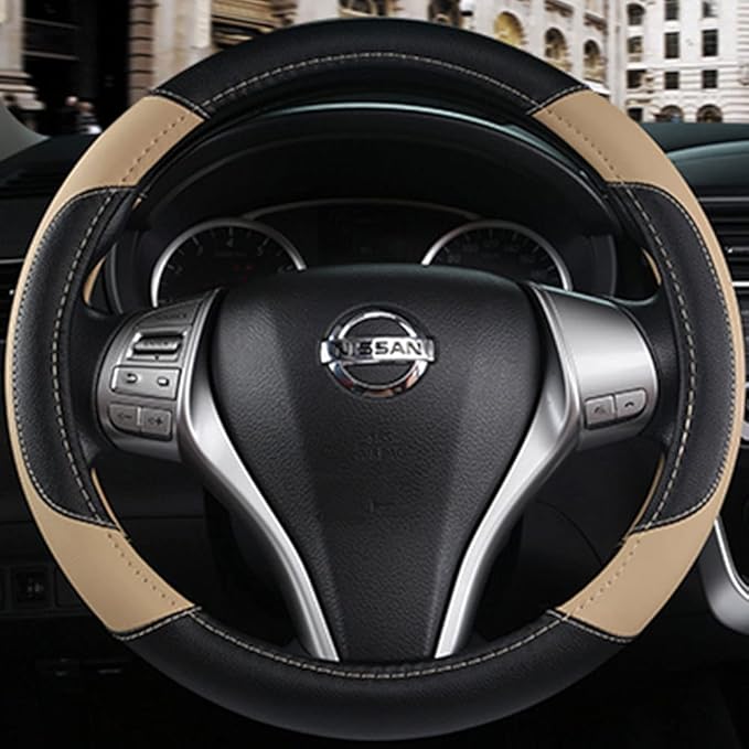 Leather Car Steering Wheel Cover, Non-Slip Car Wheel Cover Protector Breathable Microfiber Leather Universal Fit for Most Cars(Beige)