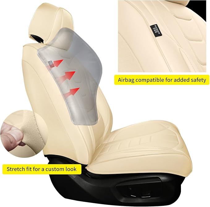 Car Seat Covers for Front Seats – Waterproof & Breathable Faux Nappa Leather, 360° Full Wrap Design, Airbag Compatible, Lumbar Support, Perfect for Drivers Who Sweat-Breathable Design. – Beige