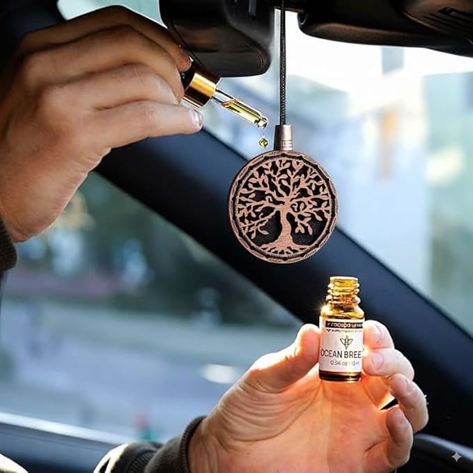Wood Car Air Freshener — Handmade Car Air Freshener — Tree Of Life Designed Fragrance Oil Diffuser in Wooden Gift Box — Aromatherapy Gift Set with Mountain Rain Fragrance Oil - 10 ml