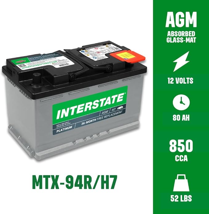 Interstate Batteries Automotive Battery 12V 80Ah (Group Size H7, 94R) 850CCA SLI AGM Automobile Replacement Battery for Cars, SUVs, Sedans, Trucks (MTX-94R/H7)