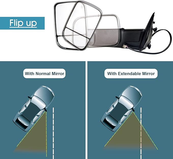 BOOLEE Towing Mirrors Power Heated Compatible with 2009-2018 Dodge Ram 1500 2500 3500 Turn Signal Lamp Puddle Light Temperature Sensor Pickup Truck Tow Mirrors Chrome