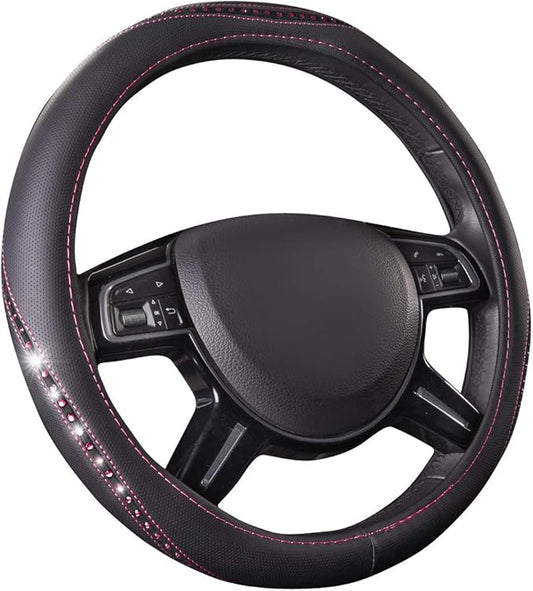 CAR PASS Bling Diamond Leather Steering Wheel Cover, Studded Crystal Rhinestones Universal Fit 14" 1/2-15" Crystal Glitter for Women Sparkle Girl Fit Suvs,Vans,Sedans,Cars,Trucks, Hot Pink Diamond