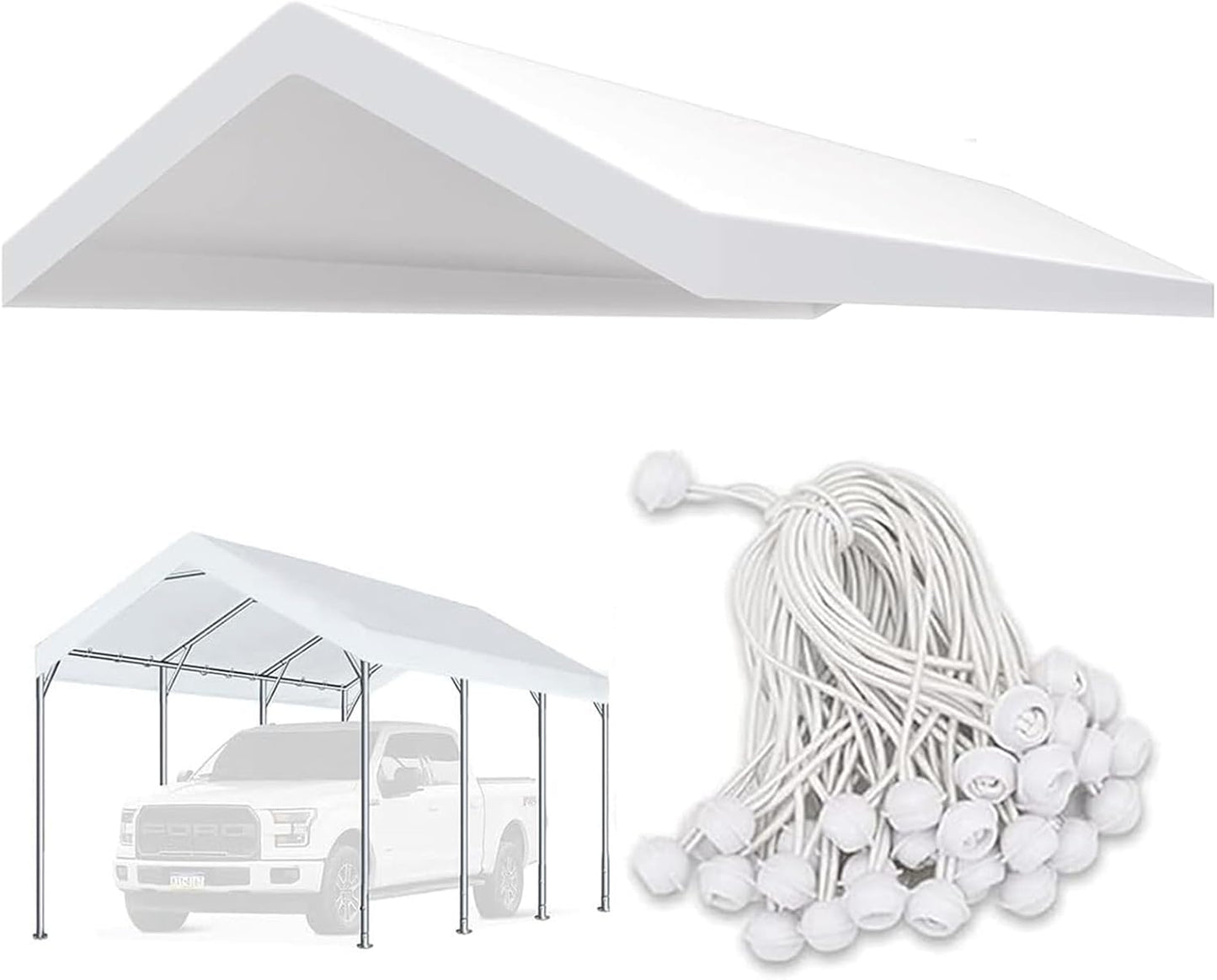 Upgraded Carport Replacement Canopy Cover for 10’ x 20‘ Car Tent Top Garage Shelter Cover Tarp with Ball Bungees (Only Top Cover, Frame Not Include) White