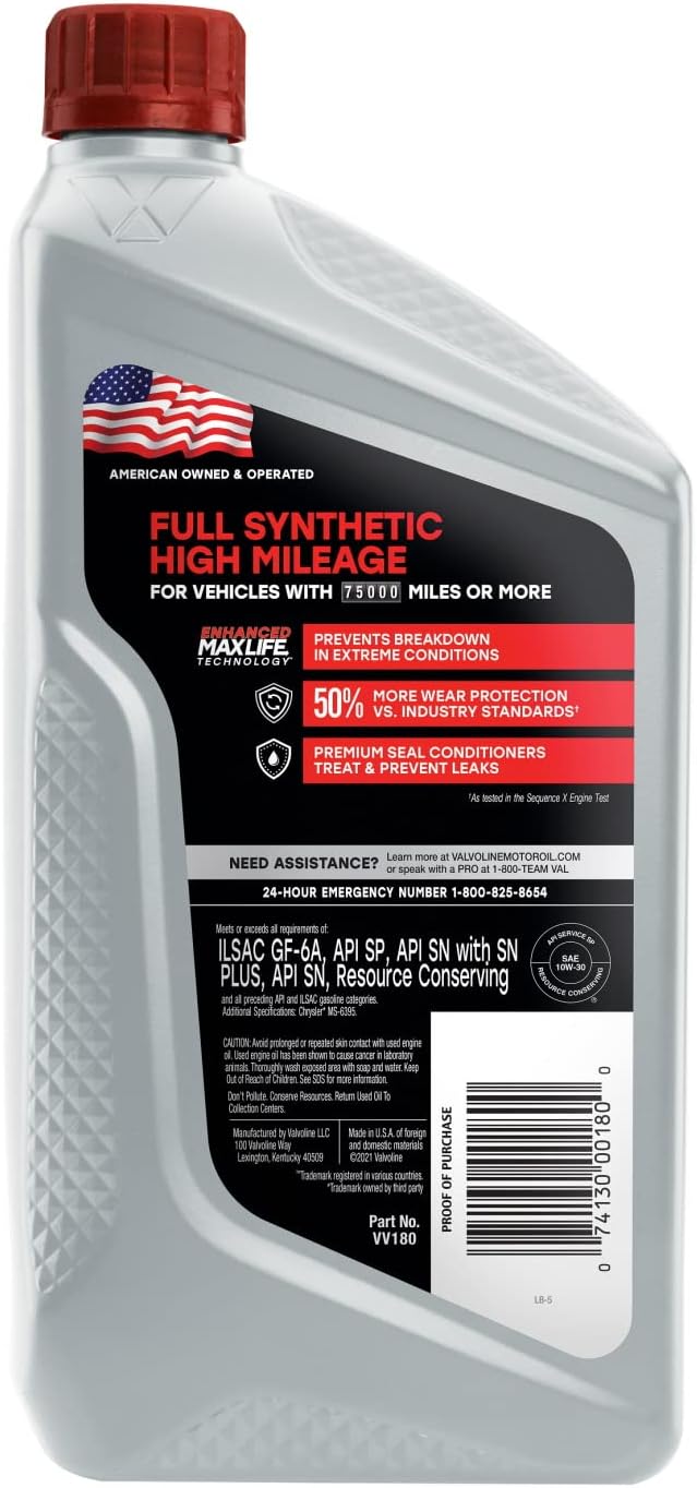 Valvoline Full Synthetic High Mileage with MaxLife Technology SAE 10W-30 Motor Oil 1 QT (Pack of 2)