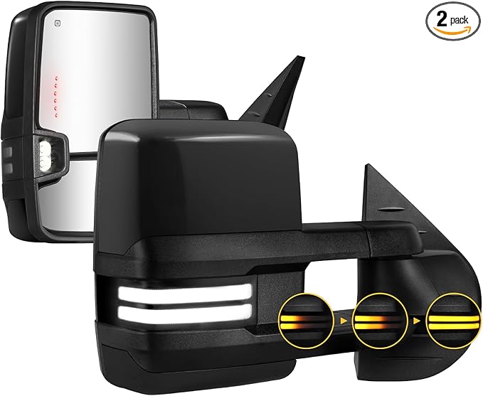 Sanooer Towing Mirrors Painted Black Switchback Dynamic Turn Light Compatible with 2007-2013 Chevy Silverado Suburban Tahoe GMC Sierra Yukon with Running Lights Power Glass Backup Lamp Heated Set