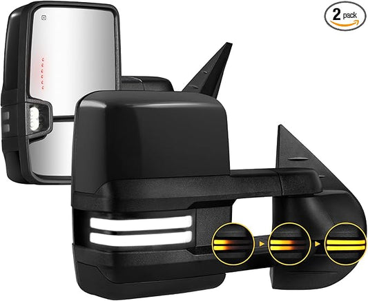Sanooer Towing Mirrors Painted Black Switchback Dynamic Turn Light Compatible with 2007-2013 Chevy Silverado Suburban Tahoe GMC Sierra Yukon with Running Lights Power Glass Backup Lamp Heated Set