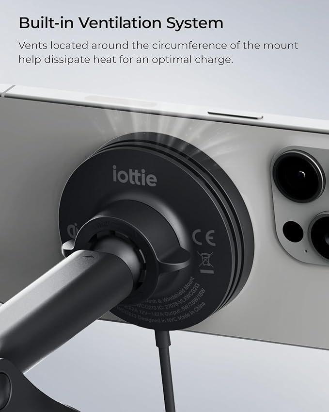 iOttie Velox Qi2 Mini 15W Wireless Charger Car Mount - Dash & Windshield Car Phone Holder - MagSafe Compatible iPhone Mount for Qi2 Smartphones (iPhone 12, 13, 14, 15, and 16) - Car Charger Included