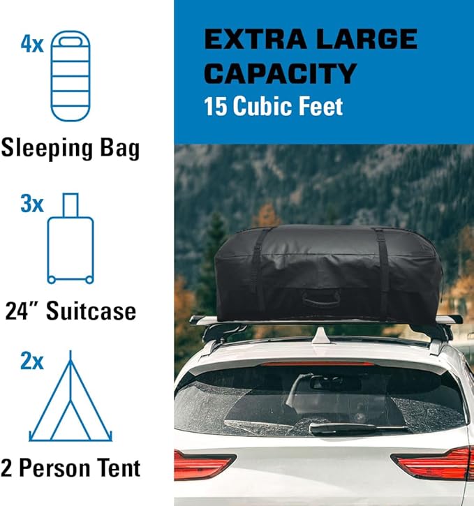 REESE 59006 Waterproof Rooftop Cargo Carrier Bag for Cars, SUVs or Trucks with/Without Roof Racks, 15 Cubic Feet, Heavy Duty 840D Abrasion-Resistant PVC Fabric with Anti-Slip Mat