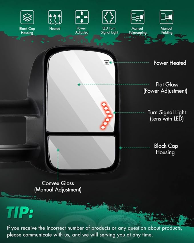 SCITOO Tow Mirrors Compatible with for 2007-2014 For Chevy For GMC 1500/2500 HD/3500 HD(07 New Body Only) Pickup Truck Power Adjusted Heated Turn Signal Light Black Towing Mirrors LH RH