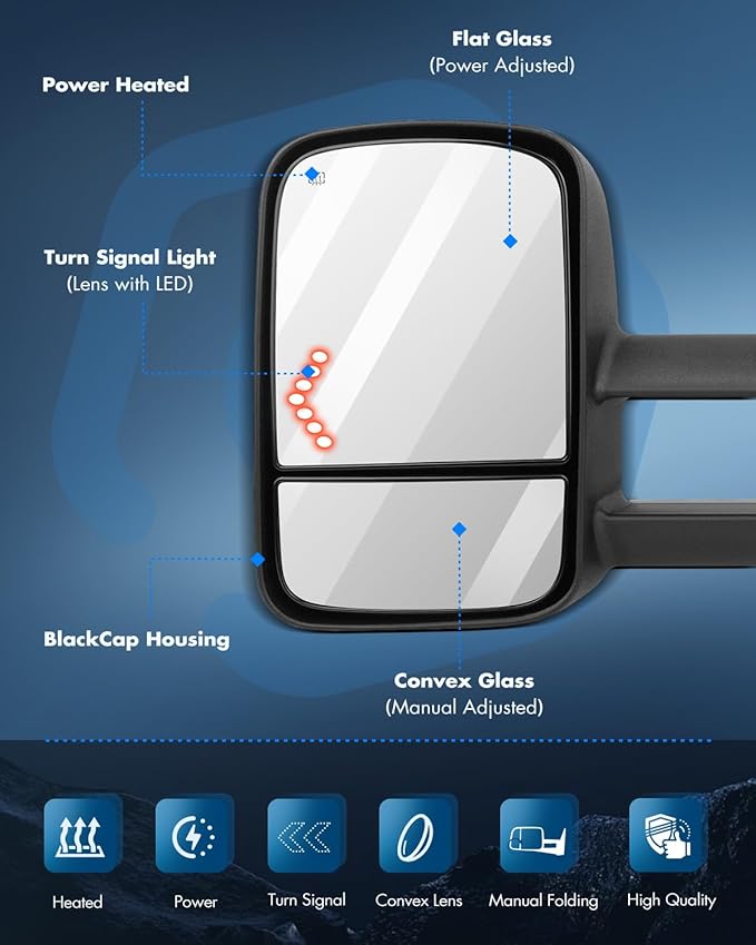 ECCPP Towing Mirrors Tow Mirrors With 2007-2014 For Chevy For GMC 1500/2500 HD/3500 HD(07 New Body Only) Power Adjusted Heated Turn Signal Light Black Housing Pickup