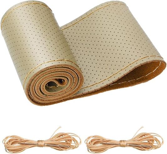 BELINOUS Universal Leather Car Steering Wheel Cover, Stitch On Wrap (Size L5, Beige)