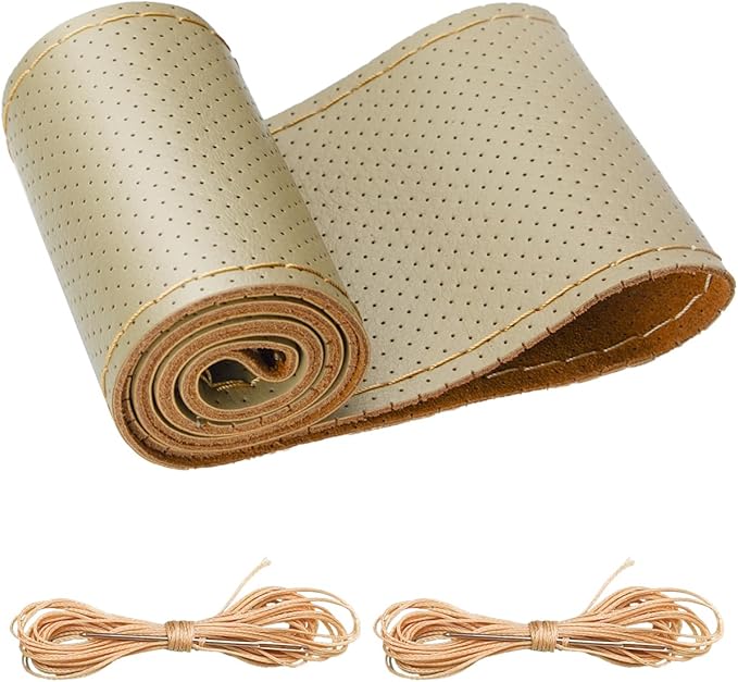 BELINOUS Universal Leather Car Steering Wheel Cover, Stitch On Wrap (Size L4, Beige)