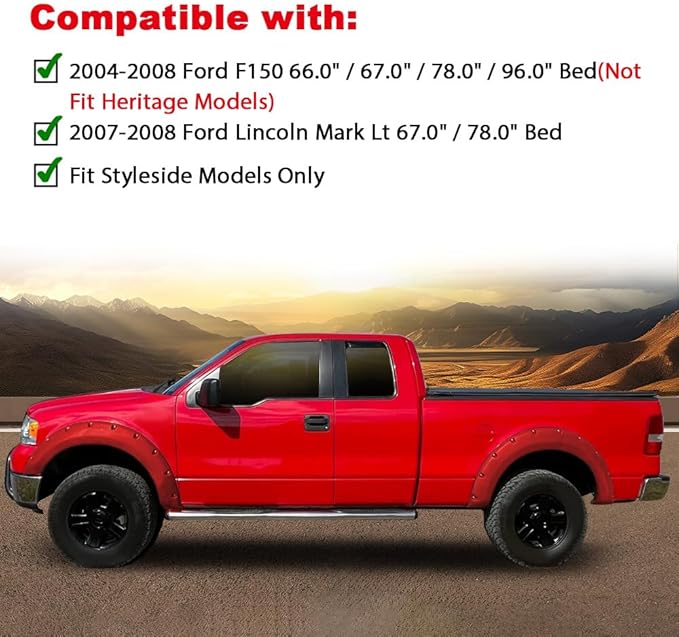 4PCS Fender Flares Fit for Ford F150 2004-2008 Styleside w/ 66.0"/67.0"/78.0"/96.0" Bed Length & Lincoln Mark LT w/ 67.0"/78.0" Bed Length 2007-2008 Wheel Trim Accessories Smooth Pocket Riveted