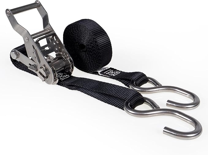US Cargo Control Stainless Steel Ratchet Strap with S-Hooks, 1" X 10', 765 LBS Break Strength, Marine Tie Down Straps for Boats, ATVs, Trees, Camping, Snow, Saltwater Applications