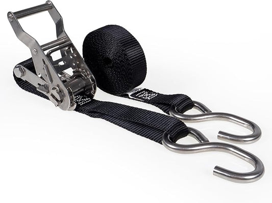 US Cargo Control Stainless Steel Ratchet Strap with S-Hooks, 1" X 10', 765 LBS Break Strength, Marine Tie Down Straps for Boats, ATVs, Trees, Camping, Snow, Saltwater Applications