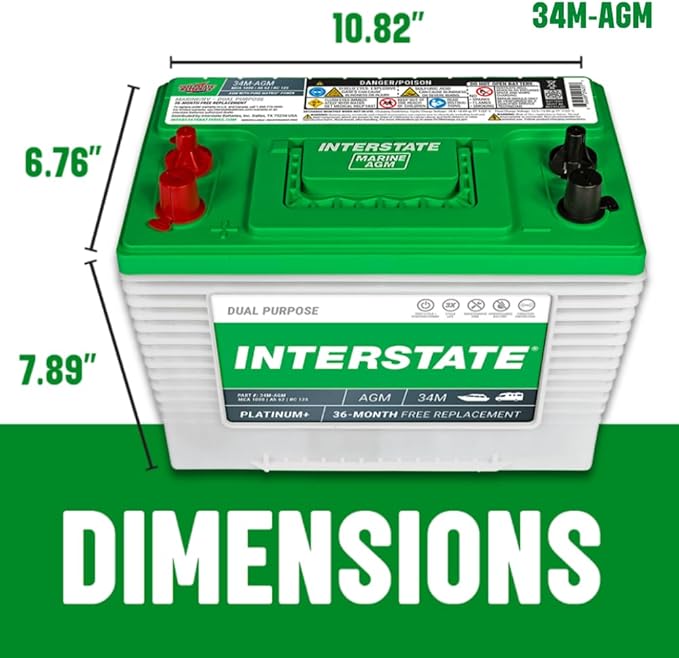 Interstate Batteries Marine/RV Battery 12V 62Ah 800CCA (34M-AGM) Dual Purpose Power Pure Lead AGM RV & Marine Starting Replacement Battery (Group Size 34M) Boats, RV's