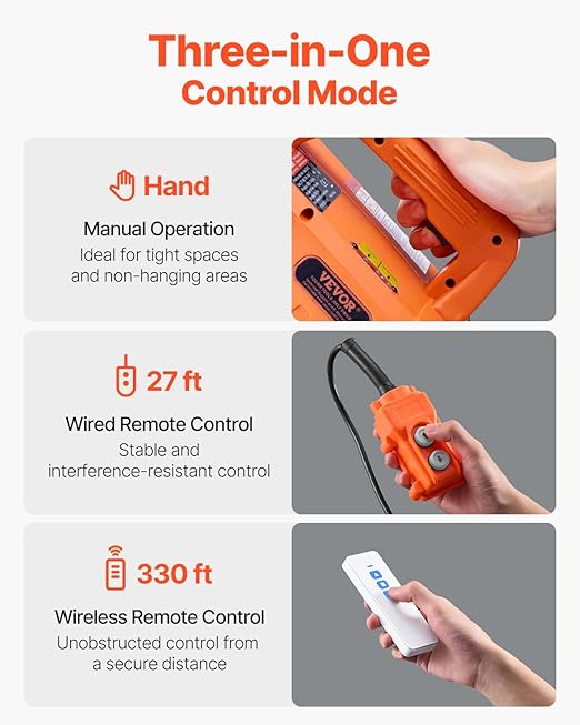 VEVOR 3-in-1 Electric Hoist Winch, 1100 lbs Capacity, 1500W Portable Power Winch, 30 ft Lifting Height, 16 ft/min with Wire and Wireless Remote Control, for Garage, Warehouse, Factory Lifting Towing