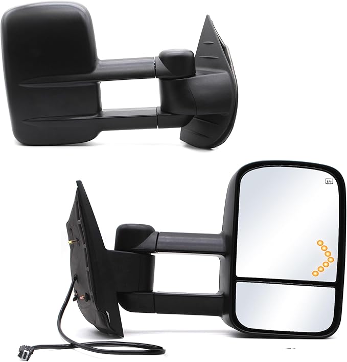ReYee Towing Mirrors for 2007-2014 Chevy Silverado 1500 2500 3500 Tahoe Suburban GMC Sierra Yukon Tow Mirror with Power Adjust Heated LED Arrow Signal Light Manual Folding Telescoping Black Cap LH RH