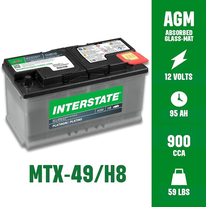 Interstate Batteries Automotive Battery 12V 95Ah (Group Size H8, 49) 900CCA SLI AGM Automobile Replacement Battery for Cars, SUVs, Sedans, Trucks (MTX-49/H8)