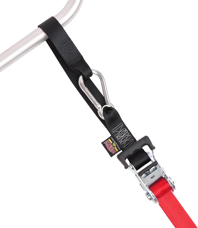 PowerTye 1.5 inch x 10ft Extra Long Ratchet Tie Down Straps, Heavy Duty with Carabiner Hooks, Soft-Tye & Bag, for Motorcycle, ATV & Cargo - 1,000 lb WLL - Made in USA - Red/Black Pair