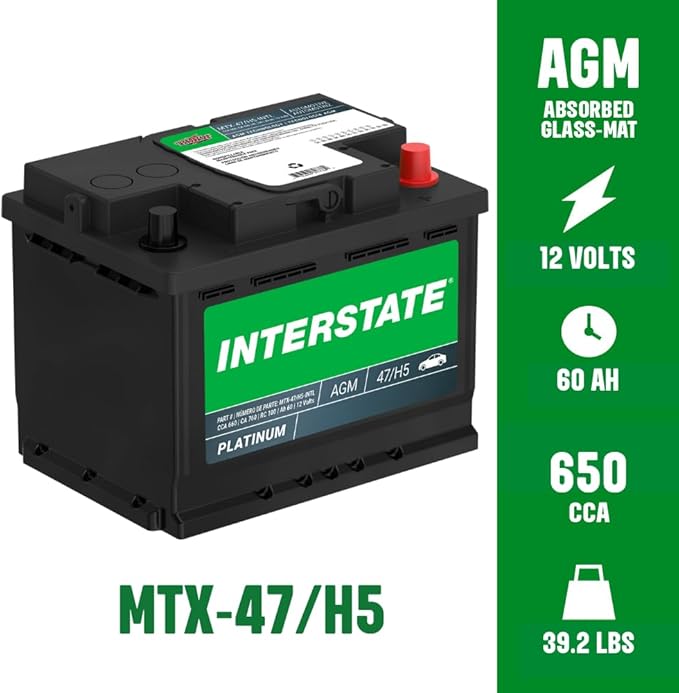Interstate Batteries Mega-Tron® Automotive Battery 12V 60Ah (Group Size H5, 47) 650CCA SLI AGM Automobile Replacement Battery for Cars, SUVs, Sedans, Trucks (MTX-47/H5)