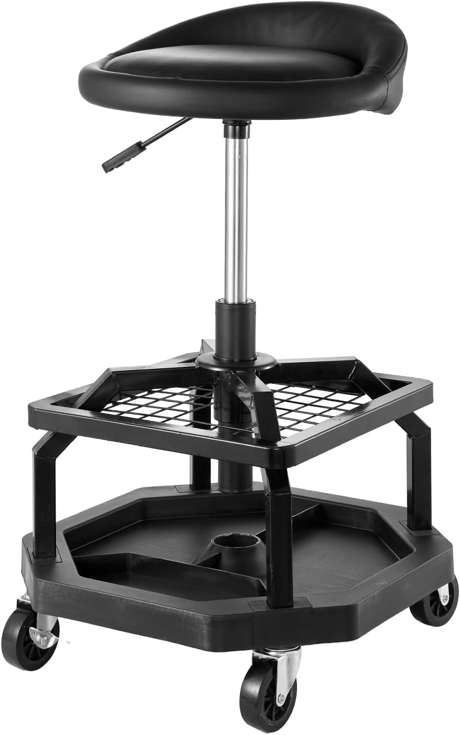 VEVOR Industrial Black Pneumatic Garage Seat/Work Stool with 300 lbs Capacity, Adjustable Height Roller Creeper Seat, 360 Swivel Padded Workshop Stool with Casters, for Garage, Shop & Auto Repair