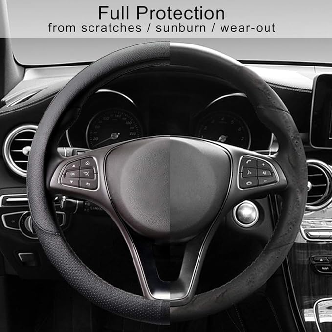 COFIT Breathable Car Steering Wheel Cover 15 inch Auto Universal Leather Wrap Non-Slip Steeringwheel Protector Automotive Interior Accessories, Black (Suit for 14.5-15 inch)