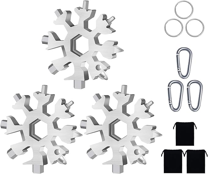 FZENeast 18-in-1 Snowflake Multitool, 3 Piece Stainless Steel Wrench With Key Ring, Carabiner Clip and Gift Bag (Silver)