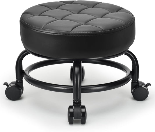Low Roller Seat Low Height Rolling Stool PU Leather Rolling Stool, Modern Rolling Chair for Home Office Garage Shop
