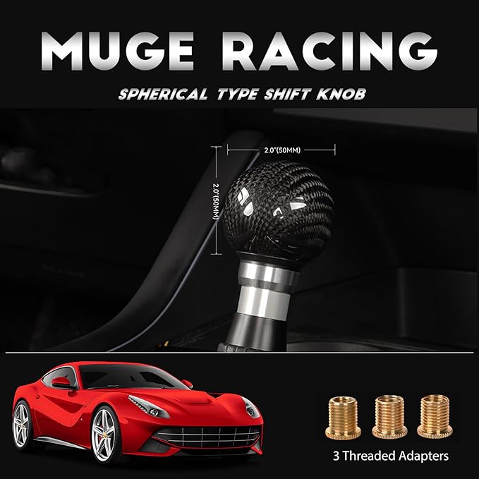 Real Carbon Fiber Shift Knob Gear Shifter Knobs with 3 Adapters Round Ball for Most Manual Car Universal Gear Shift Knob (Black)