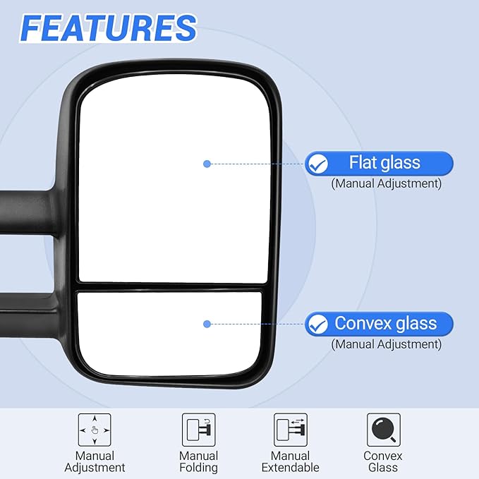 Towing Mirrors Compatible for 1988-1998 Chevy/GMC C1500 K1500,1988-2000 Chevy/GMC C2500 C3500 K2500 K3500 Manual Telescoping Black Driver and Passenger Side Left Right Pair Set