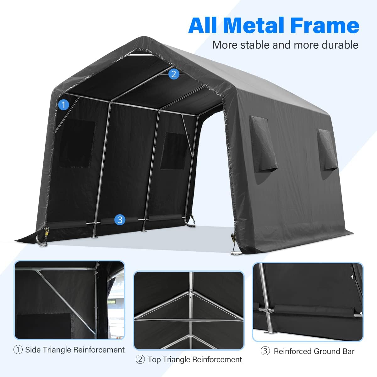 ADVANCE OUTDOOR 10x15 ft Shelter Storage Shed Steel Metal Peak Roof Portable Garage Carport for Motorcycle, Boat or Garden Tools with 2 Roll up Doors & Vents, Gray