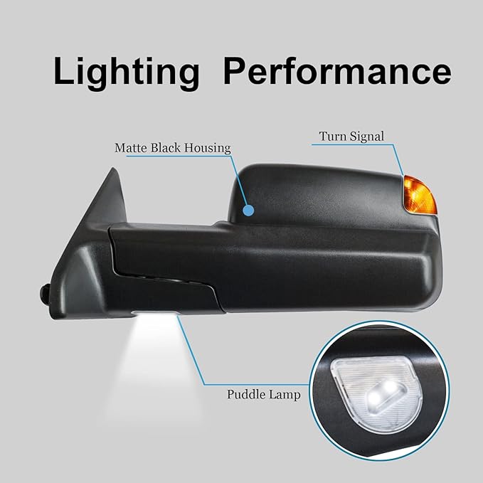WLLW Towing Mirrors fit for 2009-2018 Dodge Ram 1500 2500 3500 Pickup with Power Adjusted, Heated, Turn Signal Light, Temperature Sensor, Puddle Lamp, Black Cap