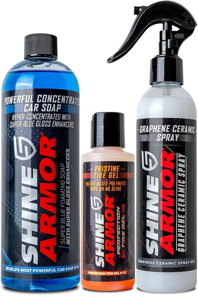 Wash and Shine Premium Car Cleaning Starter Kit - Spray Wash Soap, Tire Shine Gel, and Ceramic Spray