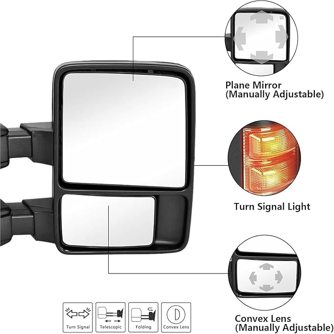 Towing Mirrors Replacement Fit For 2008-2016 F-250 F-350 F-450 F-550 Super Duty,Manual,Amber Signal,Black (Pair Set)
