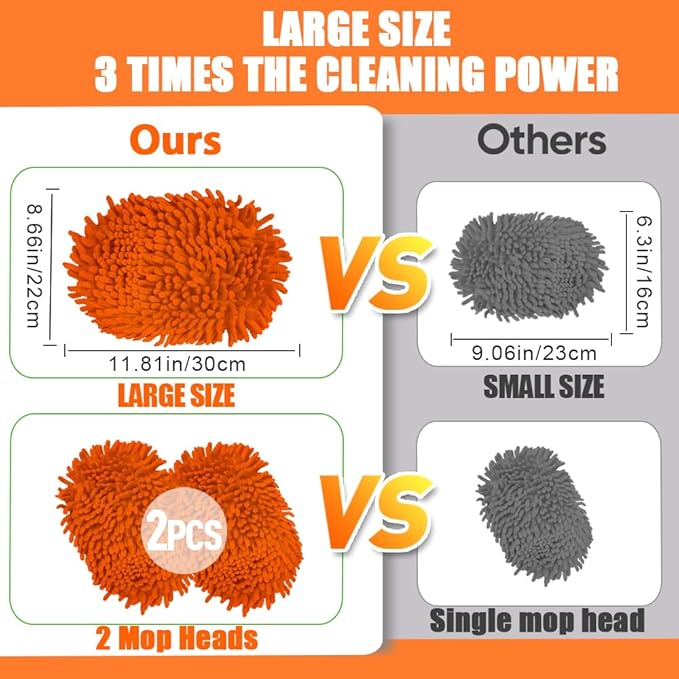 62" Car Wash Brush Mop Kit with Long Handle, 2 in 1 Chenille Microfiber Sponge Mitt Cleaning Detailing Duster for Washing Cars Truck SUV RV Caravans and Household(2 x Mop Head) (Orange)