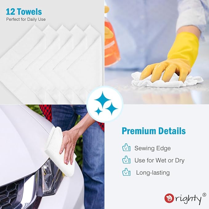 Orighty Microfiber Cleaning Cloth, 12 Pack Microfiber Towels for Cars, Highly Absorbent Car Cleaning Supplies, Lint Free Cloths Clean Rags for Car Care, House, Kitchen, 12x12 inch, White