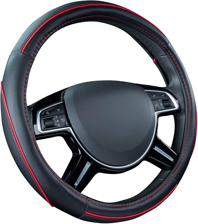 Car Pass Colour Piping Leather Steering Wheel Cover,Perfectly fit for 14.5-15 inches for Various Vehicles SUVs,Vans,Sedans,Cars (Black & Red)