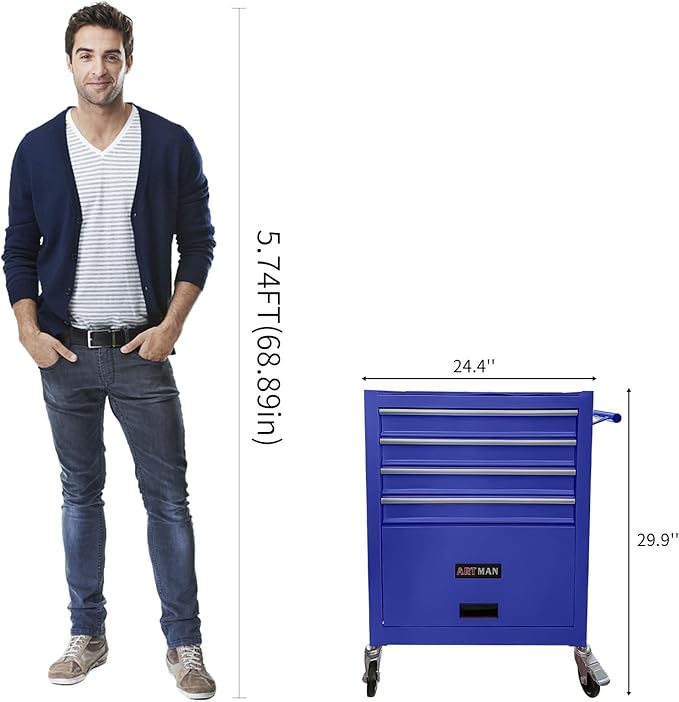 233PCS 4 Drawers Rolling Tool Box with Tool Sets, Heavy Duty Steel Garage Storage Cabinet with Lockable Wheels, Mechanic Organizer for Home, Auto, Workshop, Warehouse, Blue